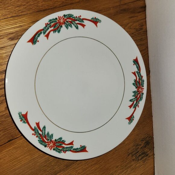 Vintage Christmas Poinsettia & Ribbons Cake Plate & Server Tienshan China 1995 - Picture 4 of 7